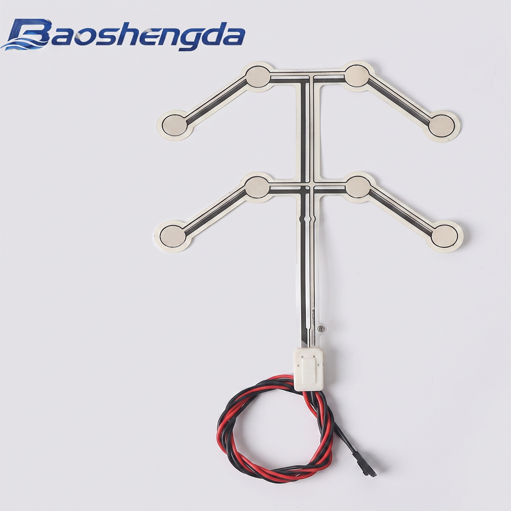 Complete multi-zone film pressure sensor with six sensing pads, printed traces, cable loop and connector