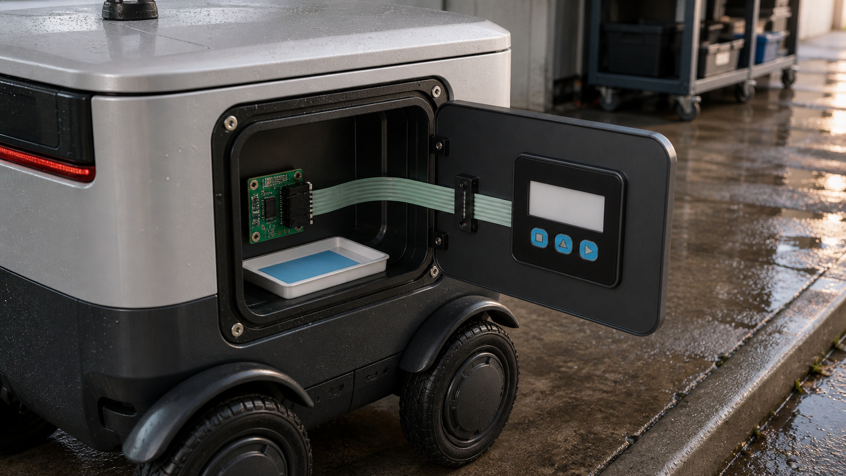 Engineering scene showing an outdoor robot service-keypad sample, open sealed hatch, flexible tail and connector after rain