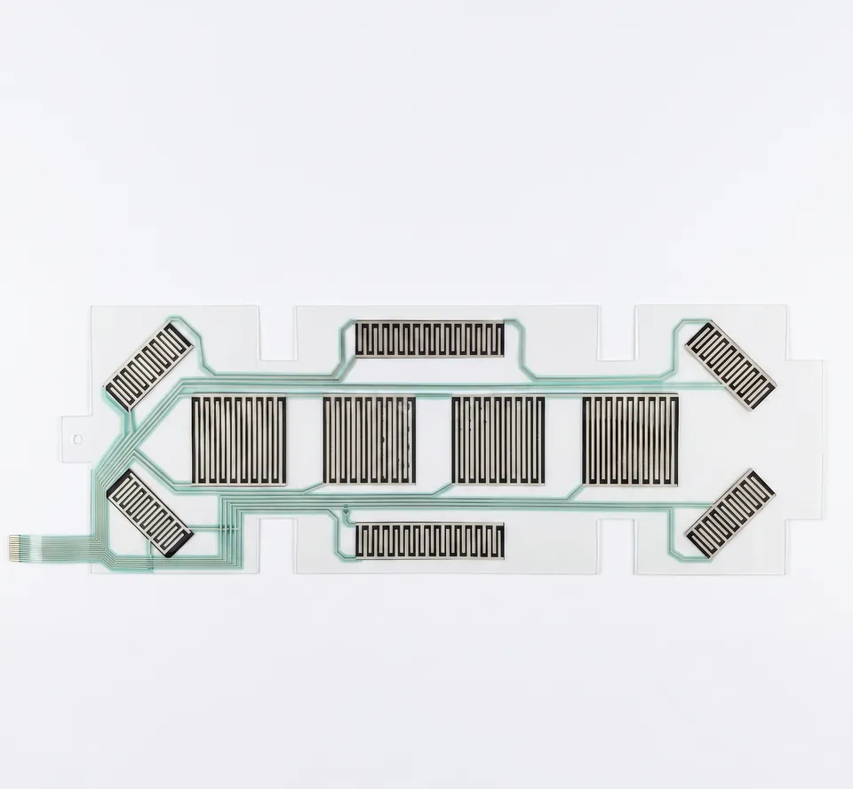 Complete Baoshengda multi-zone FSR pressure-sensor array with visible force-sensing electrodes, printed conductors and full flex tail