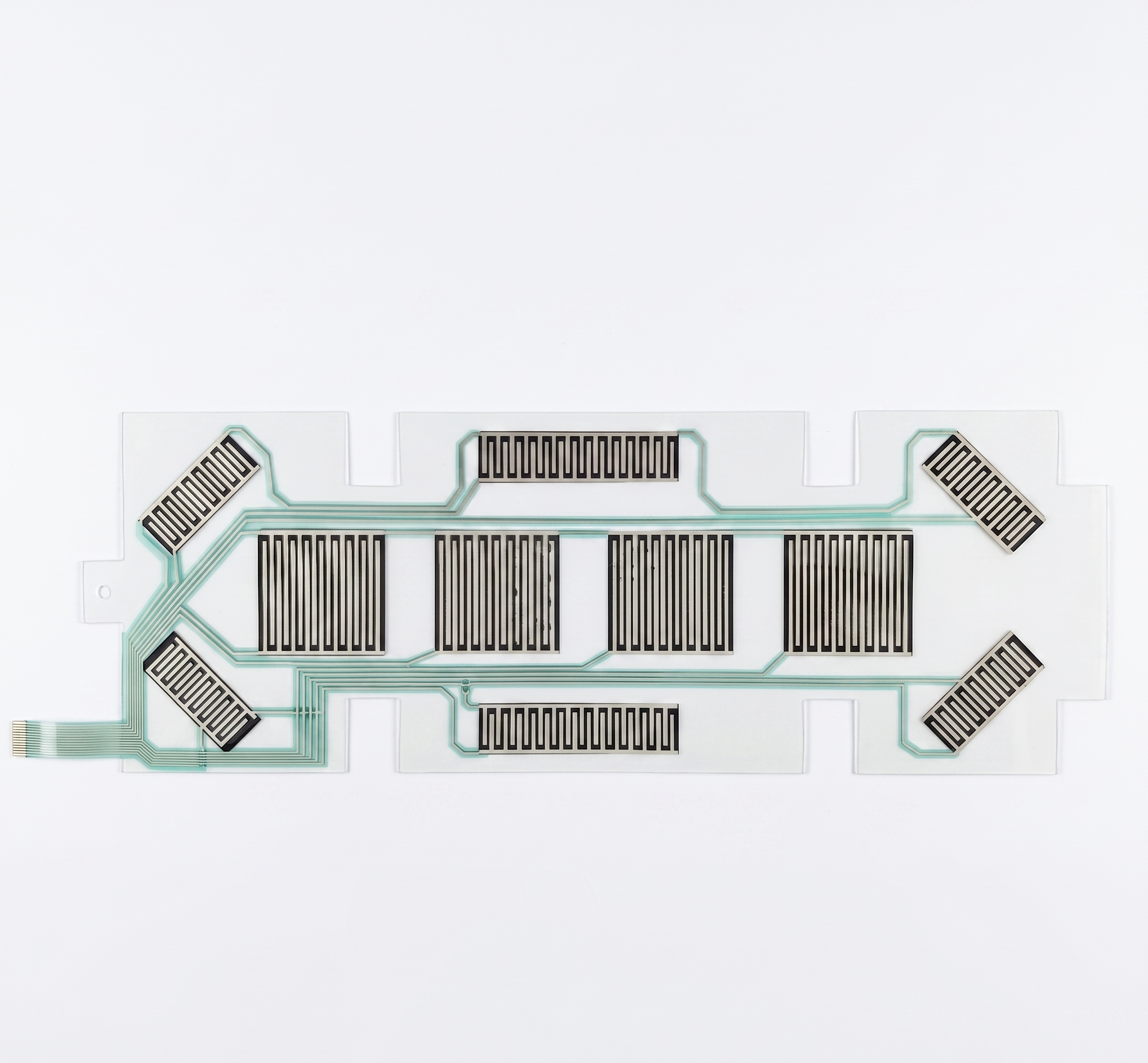 Complete Baoshengda multi-zone FSR pressure-sensor array with visible force-sensing electrodes, printed conductors and full flex tail