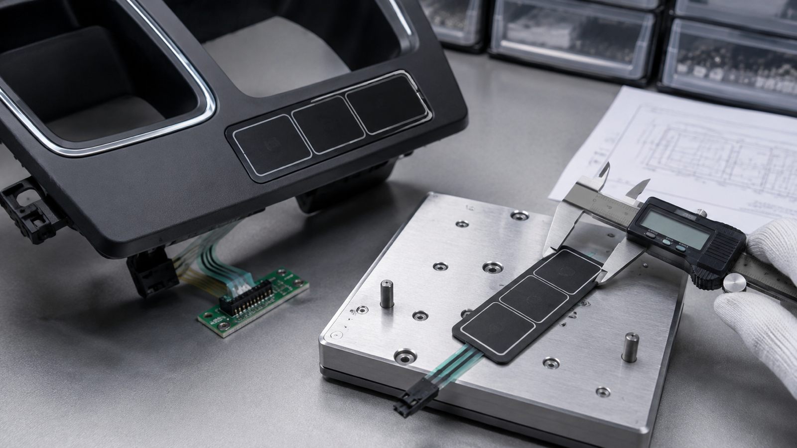 Engineering scene of installed and loose three-key automotive membrane control samples with complete flexible tails, connectors and a caliper datum check