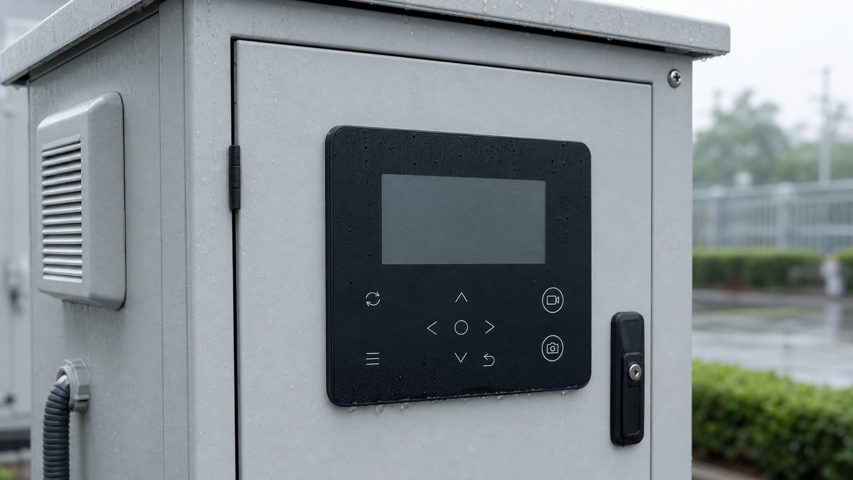 Technical cover image showing a touch switch control panel installed on an outdoor service enclosure in wet conditions