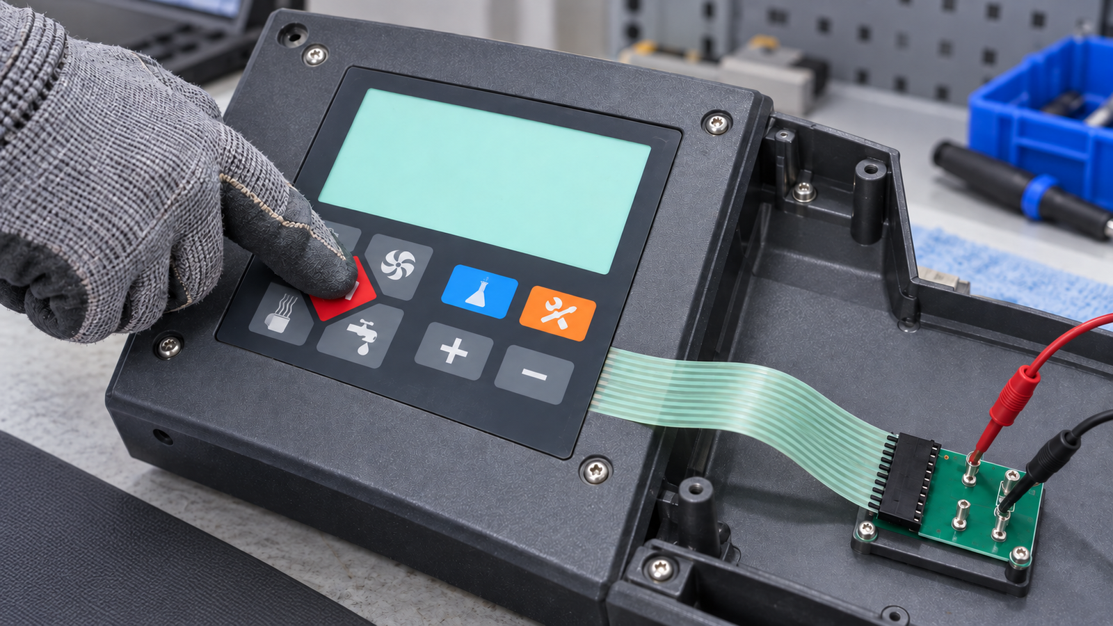 Generated engineering scene of a grey-gloved press on a mounted membrane keypad with its complete flexible tail and connector visible for low-voltage diagnosis