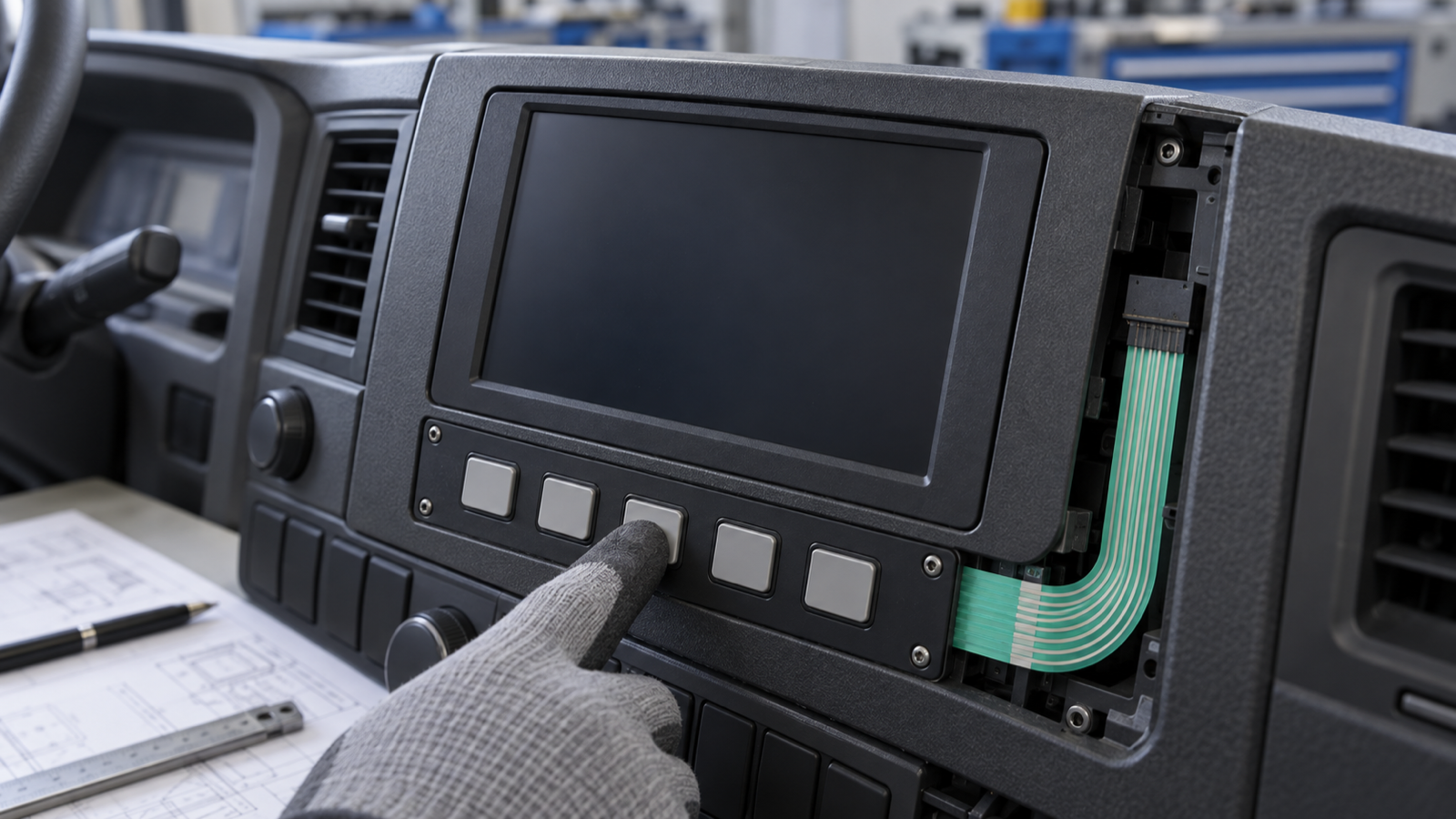 Generated engineering scene of a truck HMI sample with a blank display, five tactile keys, a gloved key press and an exposed flexible tail