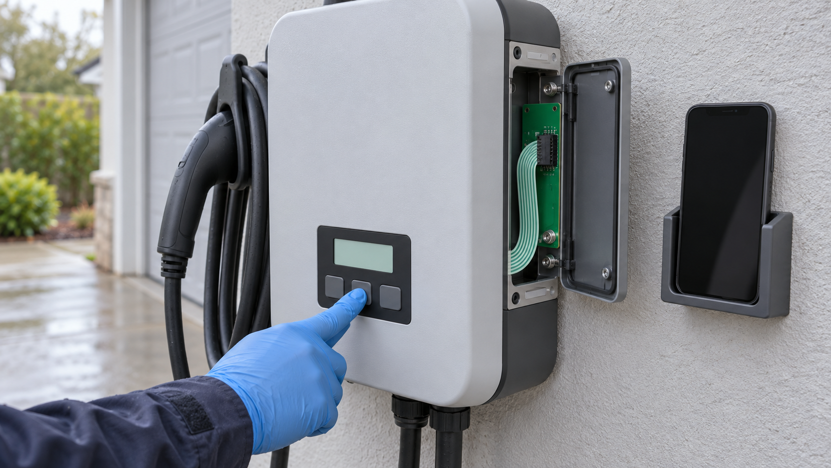 Generated engineering application scene showing a local membrane keypad on an outdoor V2X charger beside a blank phone, with the flex tail and connector visible