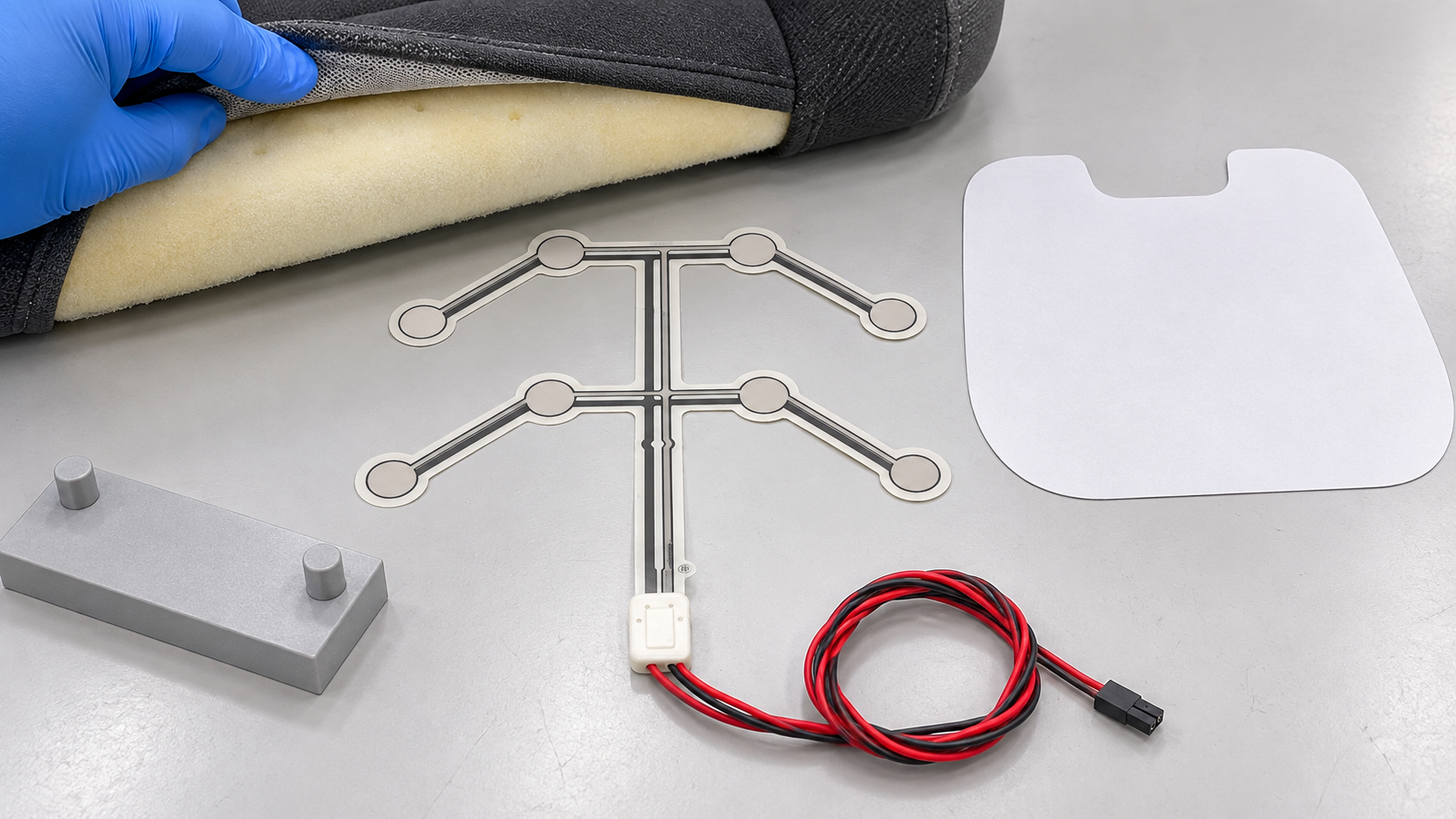 Illustrative engineering sample-review scene showing a branched pressure-sensor film, lifted generic seat foam, complete tail and two-pin plug