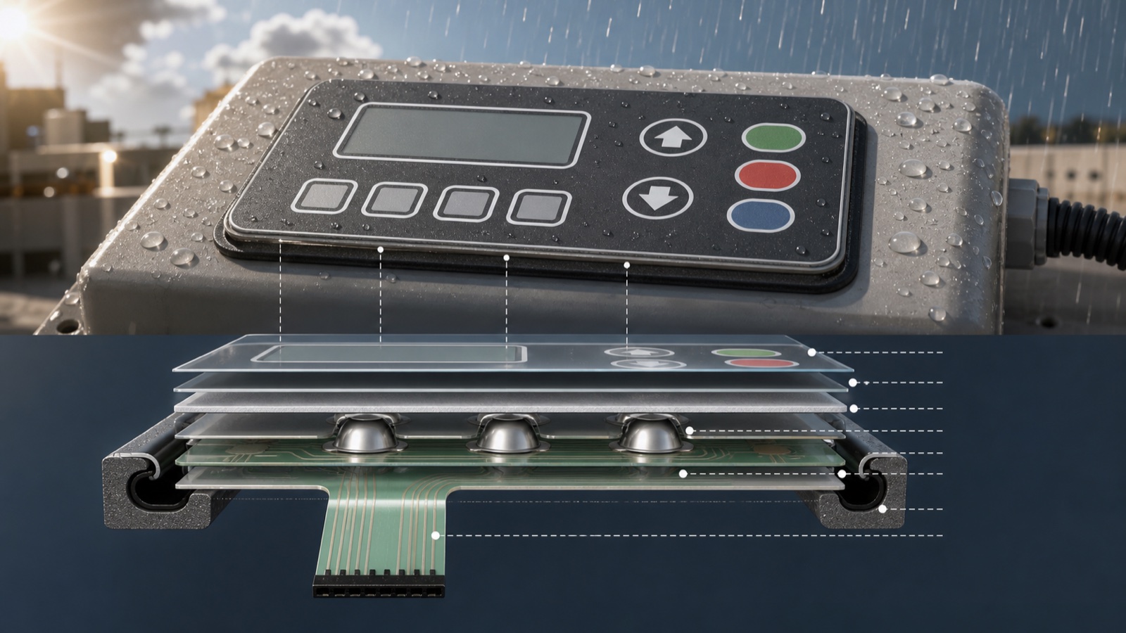 Technical cover image showing a waterproof membrane switch stack and sealed outdoor control panel in hot-wet conditions