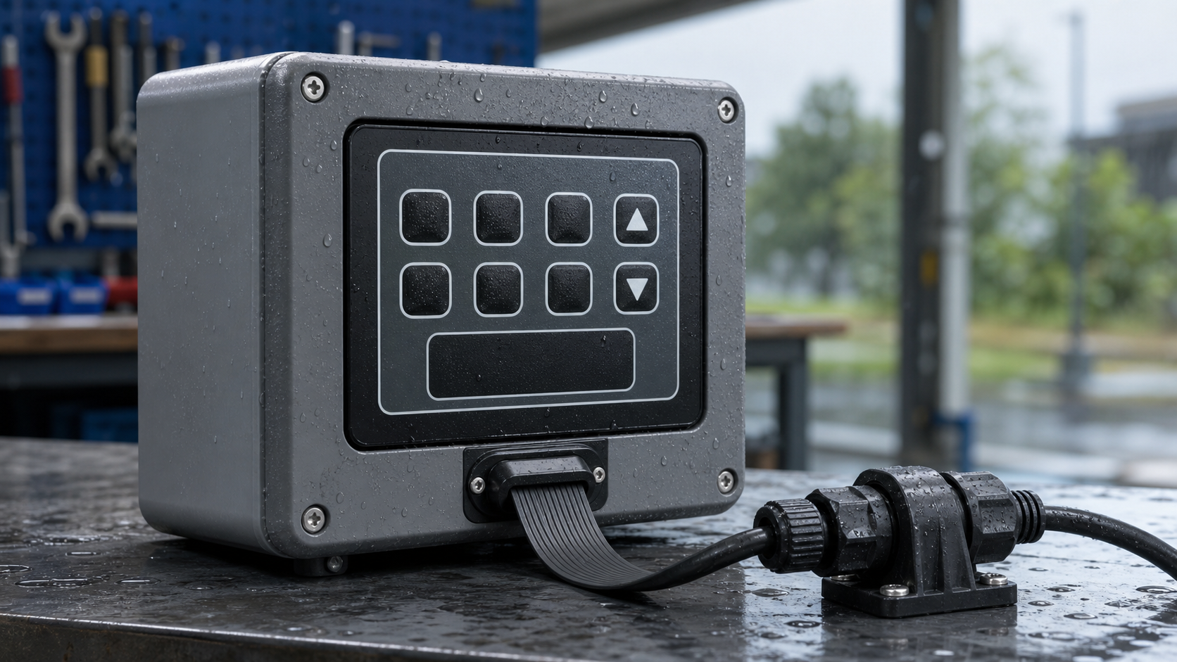 Generated outdoor HMI control box scene showing a waterproof membrane switch tail exit and protected connector