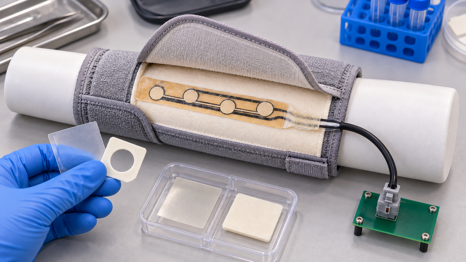 Generated engineering scene of a wearable FSR contact stack and material coupons under sample review