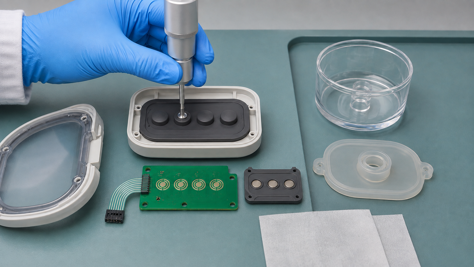 Engineering scene comparing a dry wearable-pump silicone keypad sample with separate fluid-contact parts