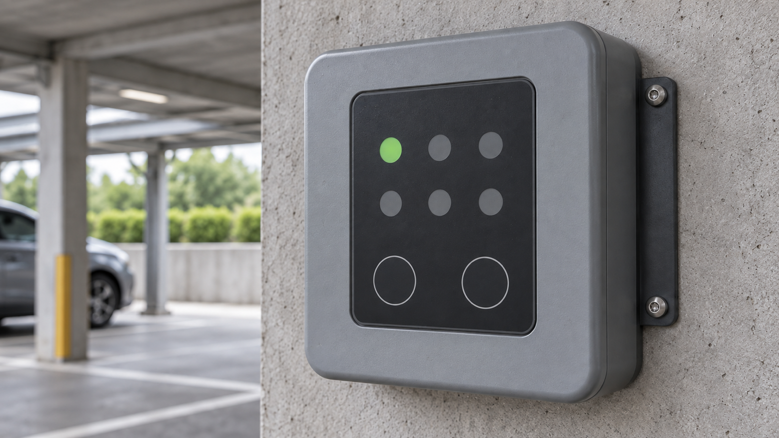 Generated application scene of a membrane-style charger status face with one green window and five grey neighbours in a wall-mounted parking enclosure