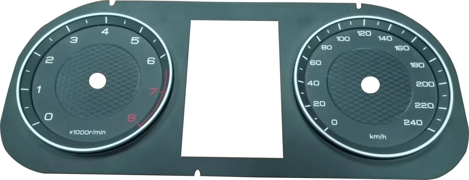 Automotive instrument-cluster overlay with two dial openings and a central display window