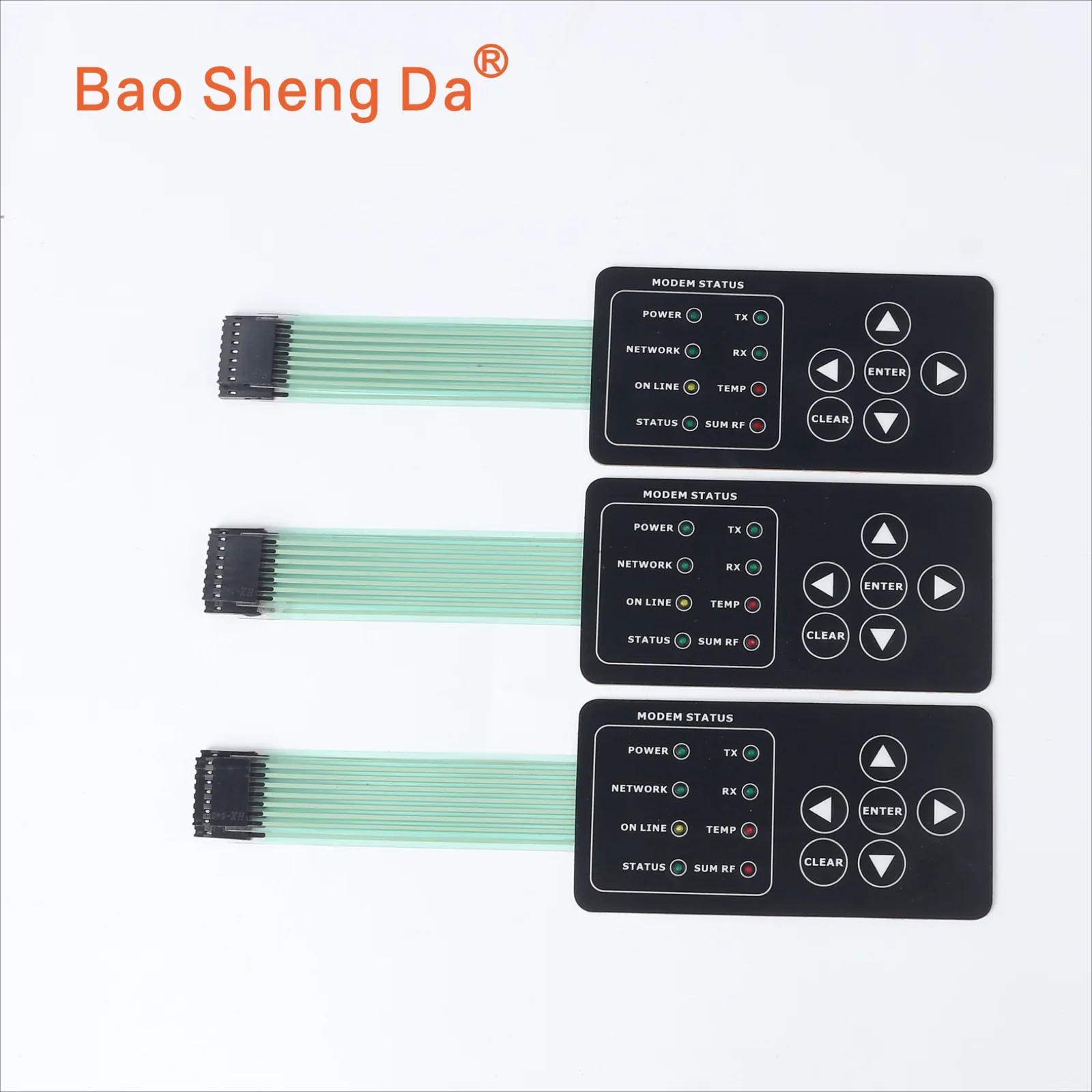 Three backlit membrane switch samples with indicator windows, key zones, flexible tails and connectors