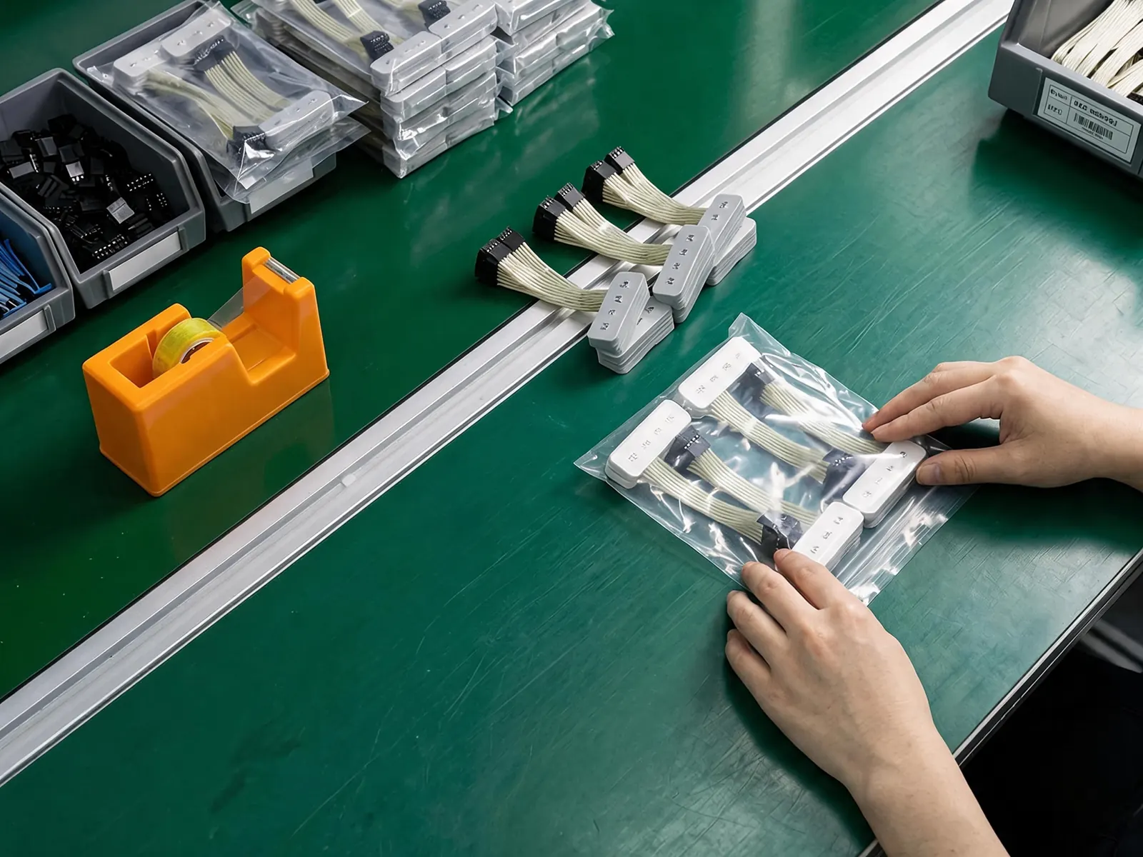 Mitarbeiterin bei der Verpackung gefertigter Bedienmodule