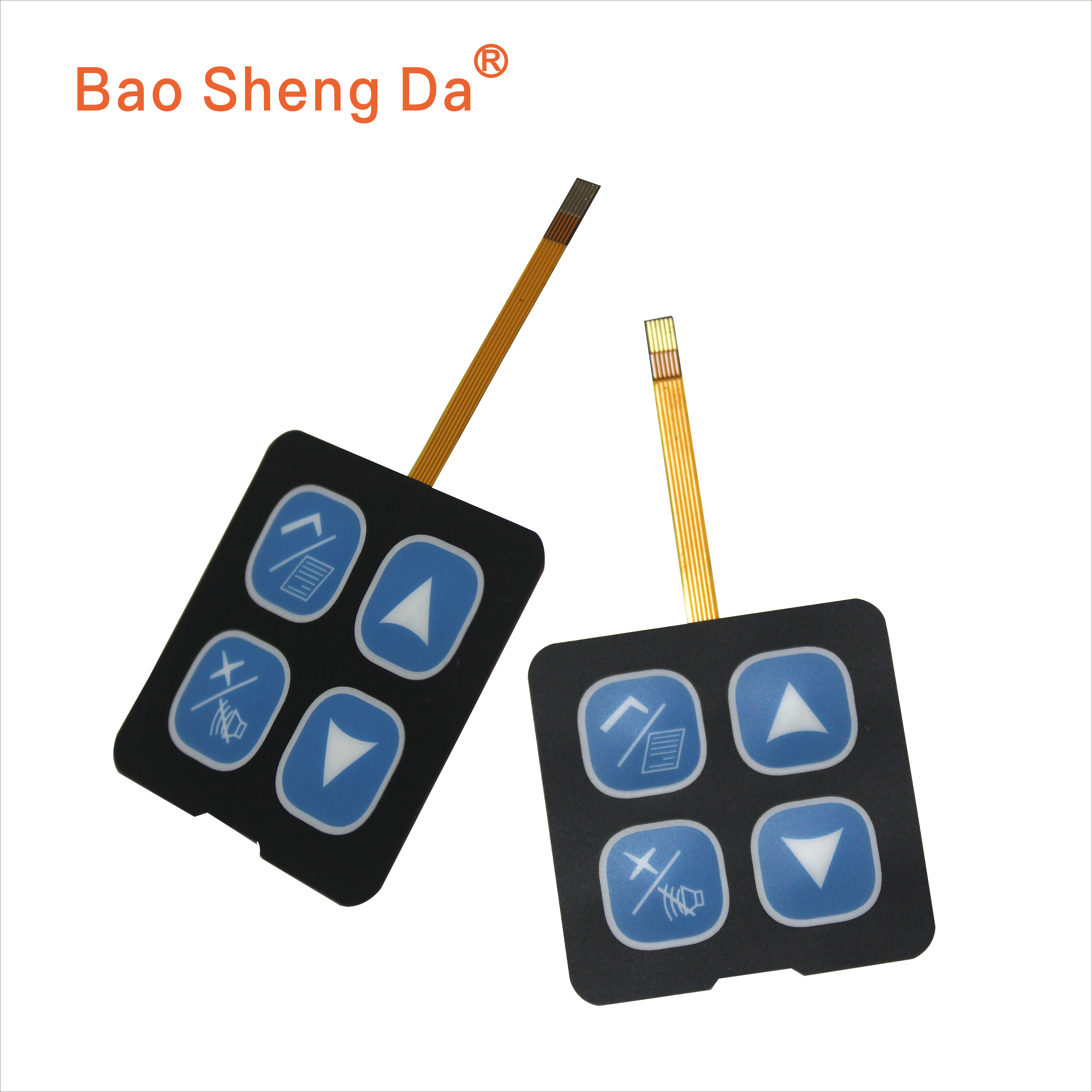 Two complete four-key FPC membrane switch samples with full flexible tails and exposed contact fingers