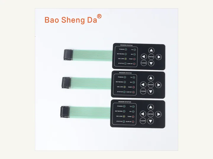 Three backlit membrane switch keypads with indicator windows and flexible tails