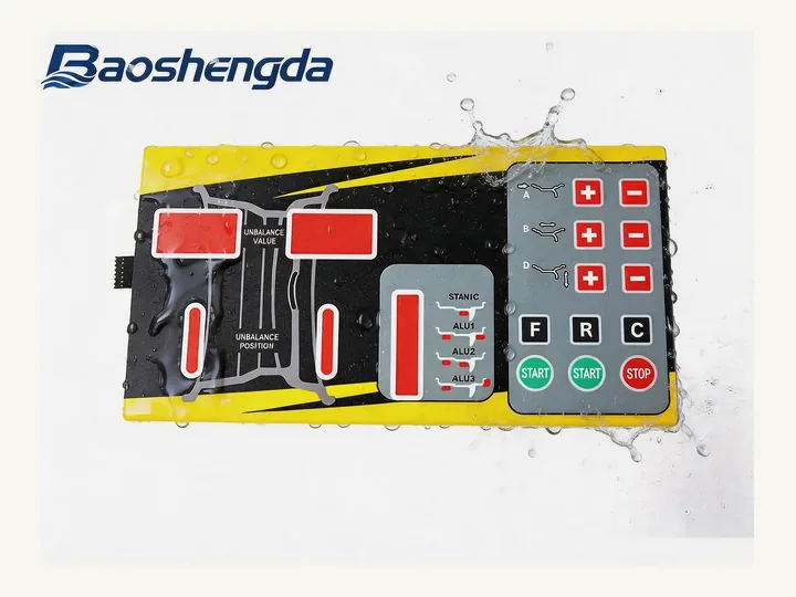 Waterproof membrane switch assembly with sealed key areas and flexible tails
