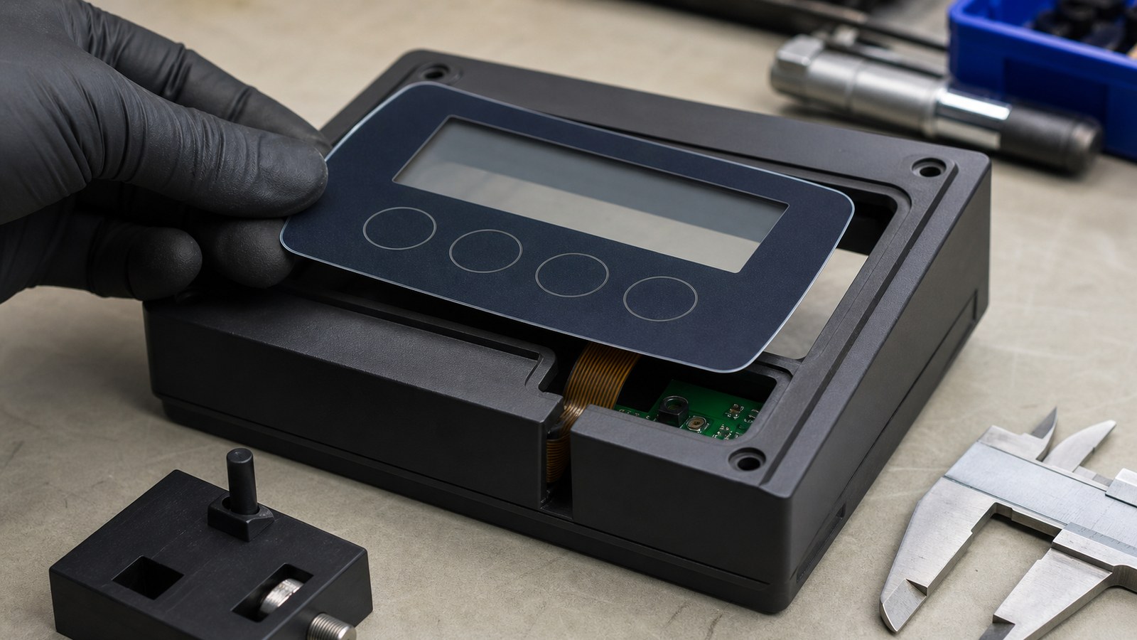 Engineering review of a control-panel overlay, enclosure, tail and PCB fit