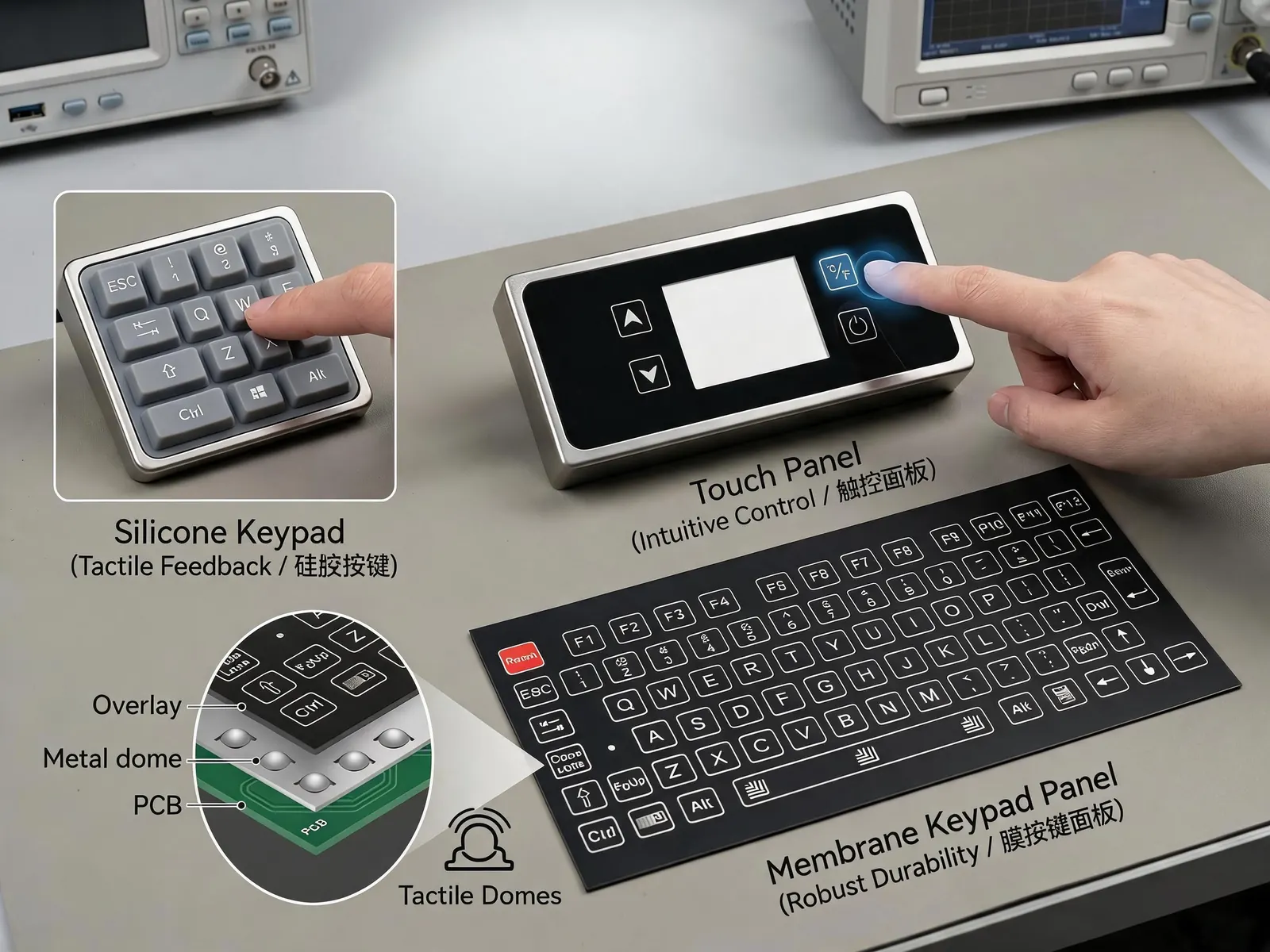 Comparison image of silicone keypad, membrane keypad panel, touch panel, overlay, tactile dome, and PCB structure