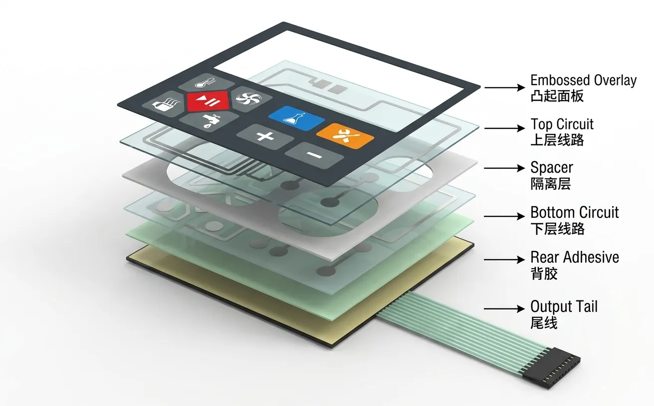 Backlit membrane switch structure layer breakdown