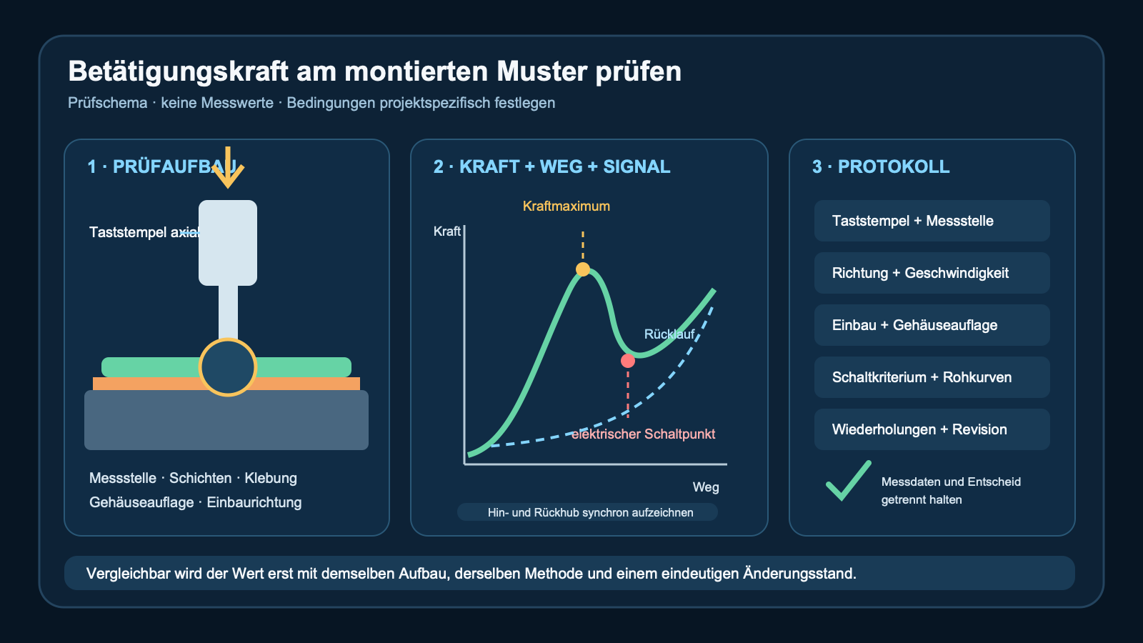 Technische Darstellung zur Prüfung der Betätigungskraft mit axialem Taststempel, montierter Folientastatur, Kraft-Weg-Schema, elektrischem Schaltpunkt und Prüfprotokoll