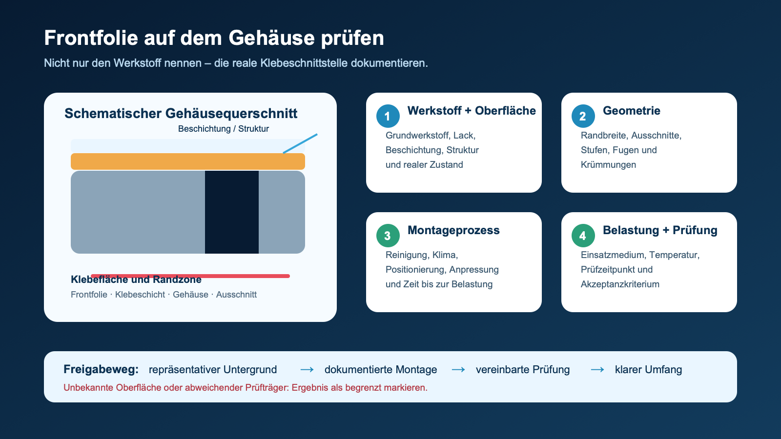 Entscheidungshilfe für Gehäuseoberfläche, Randgeometrie, Montageprozess und geplante Prüfung einer geklebten Frontfolie
